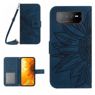 全城熱賣 - 適用於Asus ROG Phone 6 膚感太陽花圖案防摔手機皮套帶掛繩（墨藍色）