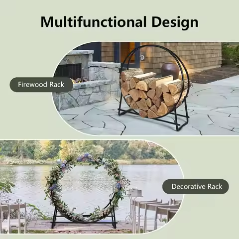 Tubular Steel Log Hoop Firewood Storage Rack Holder Round Display