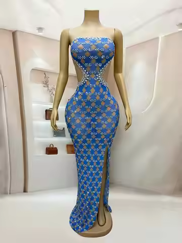 Luxury Women Elegant Dress Rhinestone Long Dresses Celebrate Birthday Party Prom Outfit Concert Carn