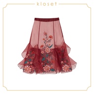 KLOSET Embroidered Organza Skirt With Ruffles (AW18-S005) กระโปรงผ้าแก้วปักลายดอกไม้