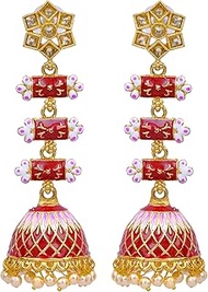 Bollywood Jewellery Traditional Ethnic Bridal Bride Wedding Bridesmaid Long Gold Plated Traditional Three step Red Layered Kundan Jhumka Earring For Women &amp; Girls Women