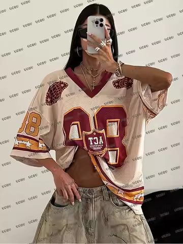 Oversized T-shirt For Women V-Neck Short Sleeve 2025 Summer Patchwork 88 Print Streetwear Casual Spo