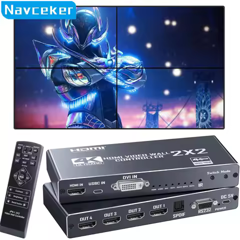 4K@30Hz 2x2 DVI USB C HDMI Video Wall Controller Multi-screen Splicing Box 90° Vertical 1x2 1x3 1x4 