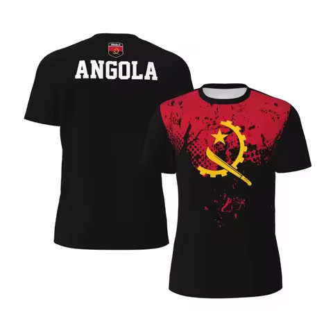 Men Angola Patriotic T-Shirt Black Red Grunge Print Angola Emblem Front ANGOLA Letter Back Casual Fa