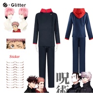 Anime Jujutsu Kaisen Itadori Yuji Cosplay Costume for Adult Men Women Black Blue Hoodie Jacket Pants Pink Short Wig Sticker for Man Woman Carnival Party Set Uniform