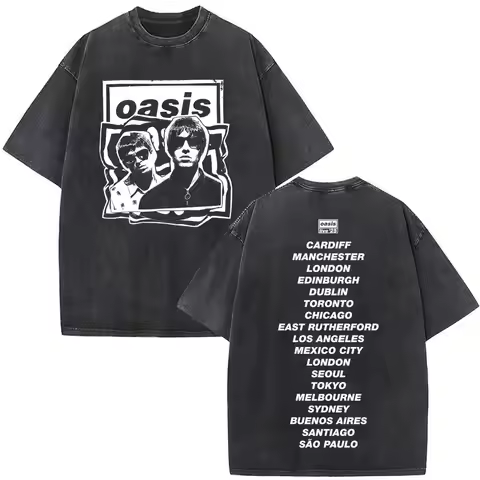 O-Oasis Live 25 Tour British Rock Band Vintage Washed T-shirt Men Women Clothing Cotton Casual Short
