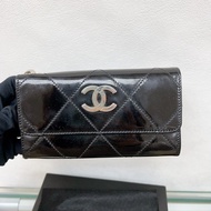 Chanel long wallet 黑色銀扣 漆皮中長夾