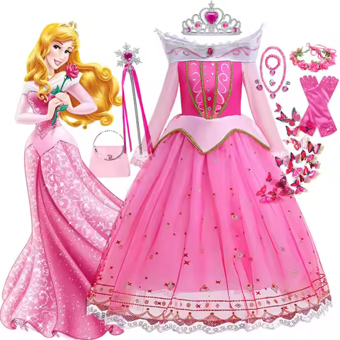 Sleeping Beauty Costume for Girls Aurora Dress Long Sleeves Off Shoulder Kids Halloween Christmas Fa
