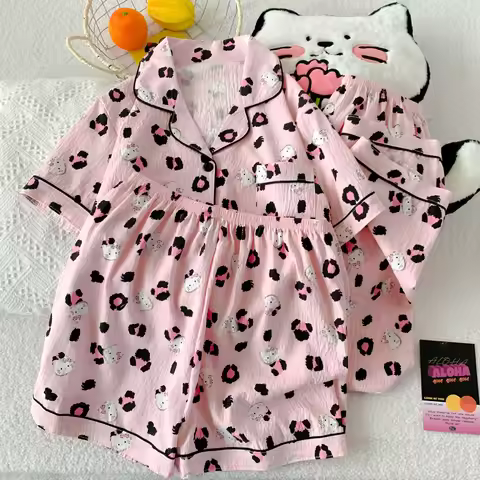 Cartoon Hello Kitty Summer Cardigan Lapel Women's Pajama Set Cloud Cotton Cute Printed Casual Lounge