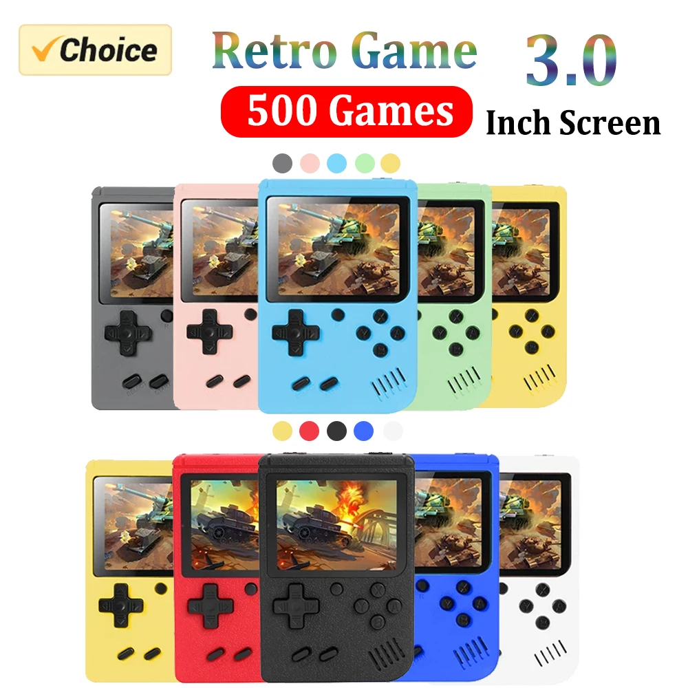 เครื่องเล่นวิดีโอเกมมือถือขนาดเล็กแบบพกพาย้อนยุค8บิต3.0นิ้วจอแอลซีดีสีสำหรับเด็กเครื่องเล่นเกมที่สร้างขึ้นในเกม500