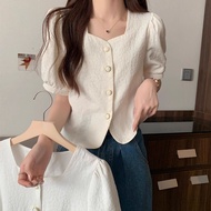 Square Neck Puff Short Sleevefrench styleChic 2025 Loose All-Match Shirt Women T-Shirt Short Top 8.1