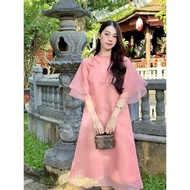 Váy Công Chúa Suông Dài Cổ Tàu Sườn Xám Màu Hồng Cánh Tiên Sang Chảnh, Đầm Tiểu Thư Dự Tiệc 2 Lớp đí