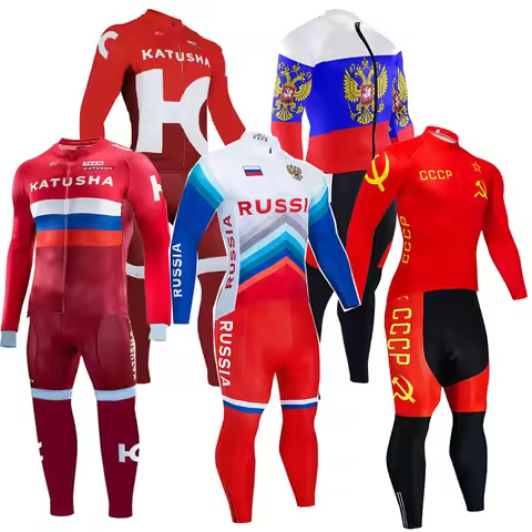 Retro Russia Team Cycling Jersey Set Long Sleeve Katusha Bicycle Clothing CCCP Red Autumn Road Bike 