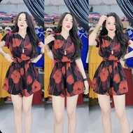 Sét Đầm Cổ Đỗ Xòe Kèm Quần Đùi Ôm - Vải lụa Mango - Mã MG6767