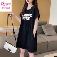 字母 t恤 上衣女韓版 ins 潮 Dress slimming 2025 new women's clothing 休闲短袖字母T恤女夏季2025新款慵懒风中长款宽松显瘦半袖连衣裙 Casual S