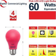 Dimmable LED A19 Pink Light Bulbs, 60W Equivalent, Direct LED Color Emission, 25000 Hours, 4-Pack 6J