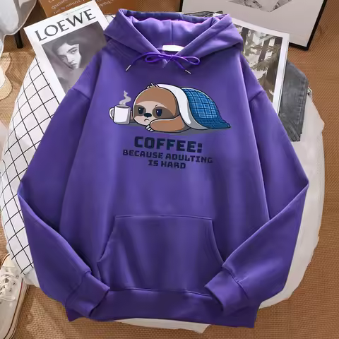 Coffee Because Adulting Is Hard Cute Sloth Man Hoodie Hip Hop Soft Hoody Cartoons Warm Sweatshirt Ha