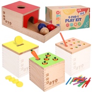 4-for-1 Play Kit Includes Object Permanence Box, Montessori Coin Carrot Harvest Game, Matchstick Col