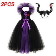ZZOOI Kid Maleficent Black Gown Halloween Costume Gothic Dark Witch Queen Girls Tutu Dress with Feat
