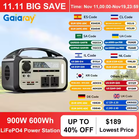 Gaiaray Portable Power Station 900W 600Wh Solar Generator AC 220V 110V Outdoor Power Plant LiFePO4 C