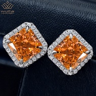 WUIHA 925 Sterling Silver Crushed Ice Cushion Cut 2CT Fancy Vivid Orange Sapphire Created Moissanite Diamonds Earrings for Women