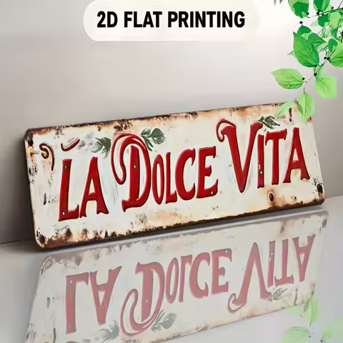 Tin Sign "LA DOLCE VITA" 2D Flat Printing Vintage Metal Wall Decor, Distressed Off-White Rustic Plaq