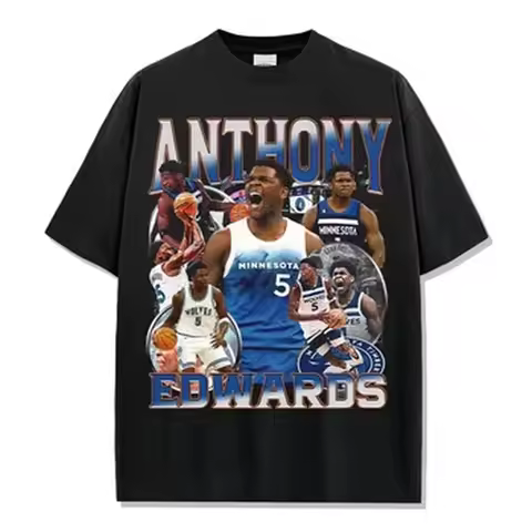 2026 New Anthony Edwards Printed Short Sleeve T-Shirt, High Street Vintage Small Neckline Men's and 