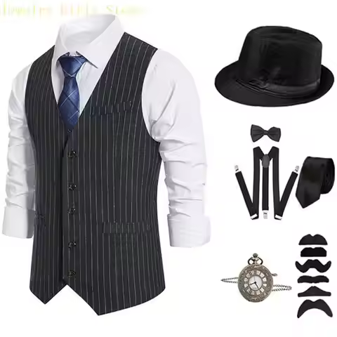 20s Men's Costume Accessories,1920s Men Mafia Costume Set,with Vests & Various Accessories for Hallo