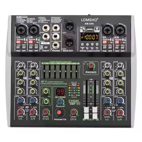 Lomeho 6 Channel Mixing Console Bluetooth 7 Band EQ Audio Sound Mixer 48V 99 DSP Effects Professiona