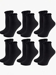 6 雙裝黑色甜美可愛日式簡約時尚女式扇貝邊短襪