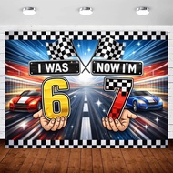 Race Car 7th Birthday Party Banner Backdrop I was 6 Now I’m 7 Racing Party Background Checkered Flag