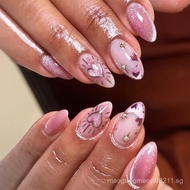 OK2Q [Shipping from China] French Pink Cat's Eye Flashing Wearable Nails Almond Nails Fake Nails Lov