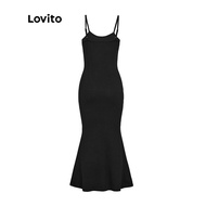LVT-087 Lovito Casual Plain Fishtail Adjustable Buckle Slim Fit Women Dress L36AD011 (Black) 吊带显腰鱼尾连