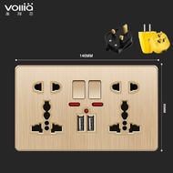 VOLLIA Rimless 1/2/3/4 Gang 1/2 Way Wall Switch 220V Electrical Singapore Switches and Sockets Panel Gold Modern 13amp Universal Wall Socket 220V Switch Off/on Lamp for Lighting 20A Power Water Heater Switch 3 Pin Plug with USB Universal Wall Outlet