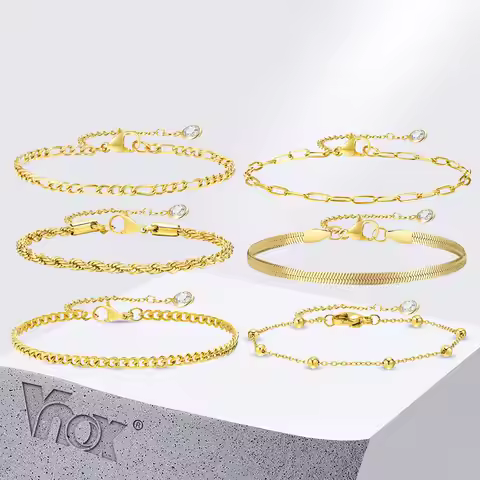 Vnox 6pcs/3pcs Women Chain Bracelets Set, Rope Chain Cuban Chain Snake Links Bracelets, New Gold Pla