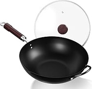 Jobin 32 cm/12.6 inch Carbon Steel Wok with Lid, Wooden and Steel Handles, Allows Cooking Asian Dish