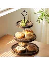 1個木質雙層托盤甜點架圓形樟木儲物架糕點陳列架歐式蛋糕盤