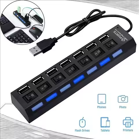 USB HUB Switch Hub 2.0 Adapter High Speed Multi 7 Ports USB Hub On Off Portable Splitter For Laptop 