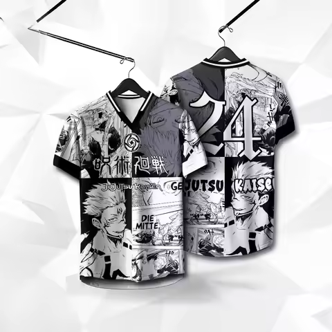 Unisex Drop Shoulder V Neck Ryomen Sukuna Anime T-shirt, Black White Patchwork Manga Number 24 Doubl