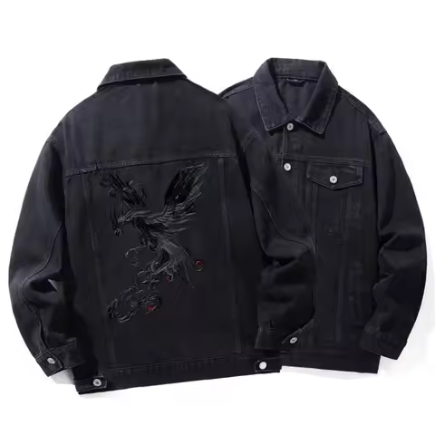Denim Black Mens Jacket Phoenix Embroidered Loose Fit Veste Homme Autumn Quality Cotton Fashion Turn