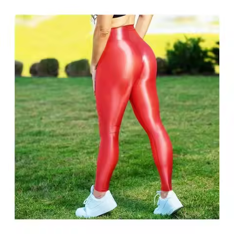 Unisex High Waist Oil Shiny Yoga Pants Smooth Glossy Butt Lifting 9-Point Fitness Leggings