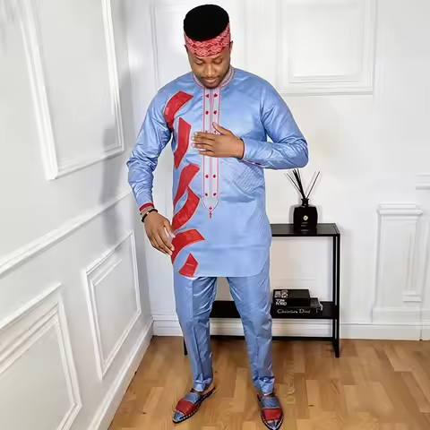 African Clothes for Man 2 Piece Set Bazin Embroidery Design Long Sleeve Tops and Pants Suits Traditi