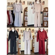A3571 Melody Zipper-up Long Sleeve Hoodie & Side Pocket Garter Drawstring Wide Leg Pants 2-Piece Set