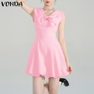 VONDA สไตล์เกาหลีผูกโบว์ชุดเดรสคอวีแขนกุดน่ารักสำหรับผู้หญิงชุดมินิเดรสเย็บปะทรงเอไลน์ #0714