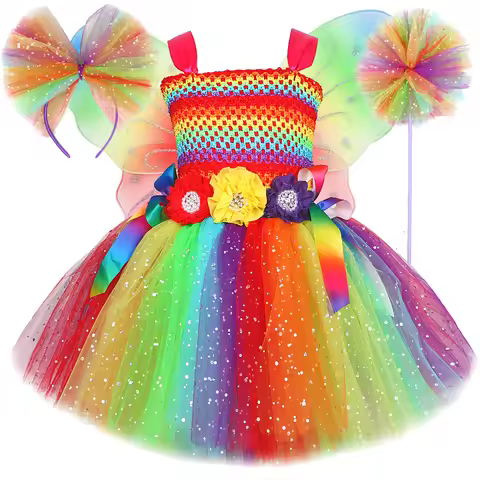 Sparkly Rainbow Fairy Costumes for Girls Twinkle Flower Jungle Fairy Princess Dresses with Butterfly