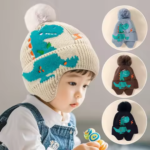 Cute Dinosaur Baby Knitted Hat Winter Warm Kids Earmuffs Cap 2-8year Boys Girls Woolen Crochet Bonne