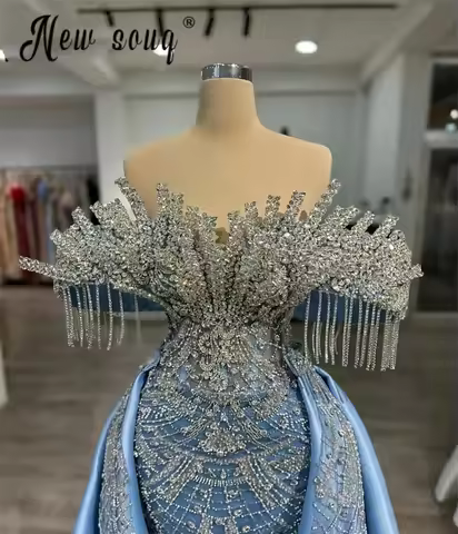 Two Pieces Blue Tassel Prom Dresses Women's Dress With Overskirt For Wedding Party Customized Dubai 