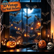 OPENMALL 12Pcs 3D Vintage Bat Wall Stickers Realistic Horror Bat Decals for Halloween Home Window Wa
