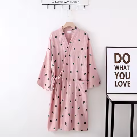 Autumn Women's Cotton Kimono Robe Cactus Print Long Robes Women Sleepwear Women's Home Clothes Gown 