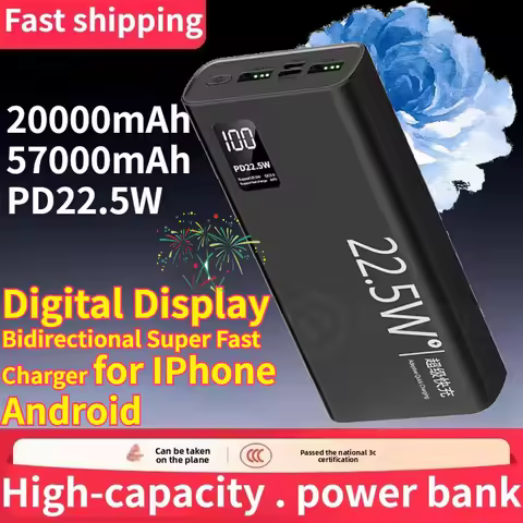 20000mAh 57000mAh Power Bank Digital Display Bidirectional Super Fast Charger External Battery for I